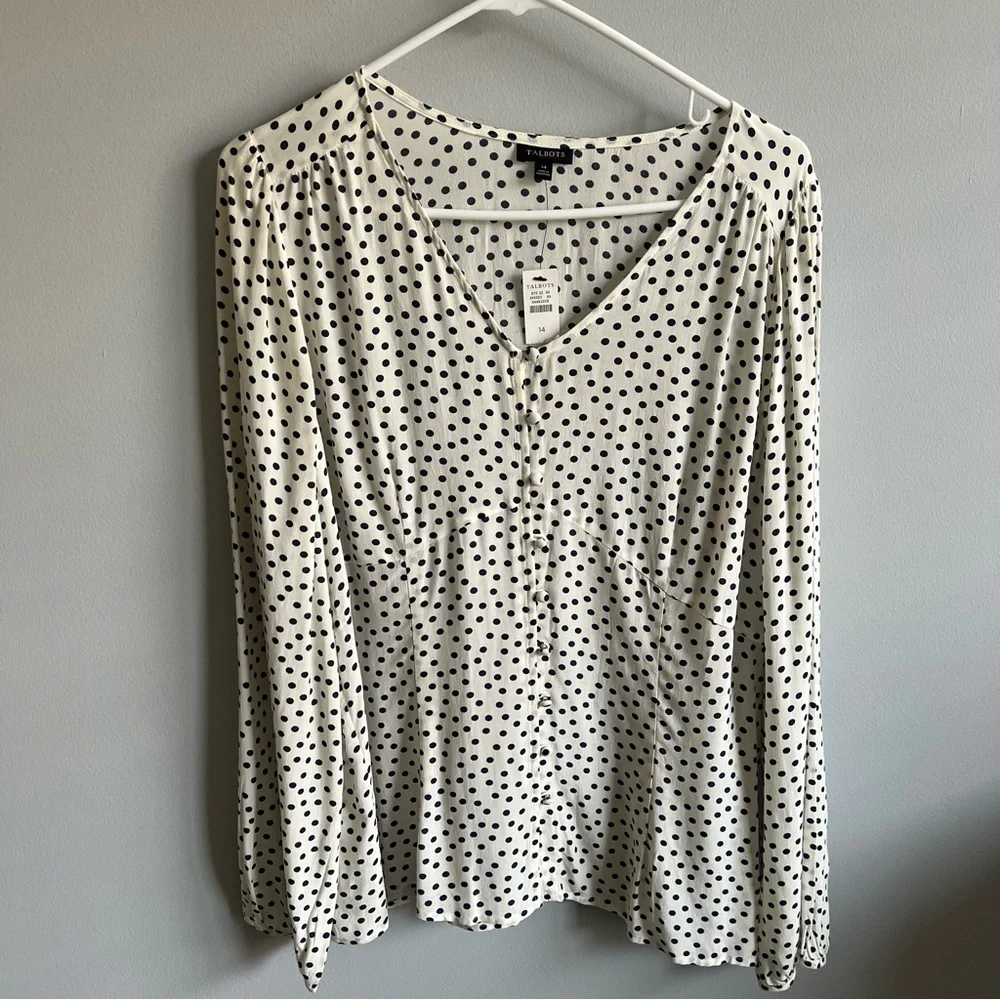 Talbots 14 Cream w/ Navy Scattered Dots Button Up Blouse Top Shirt